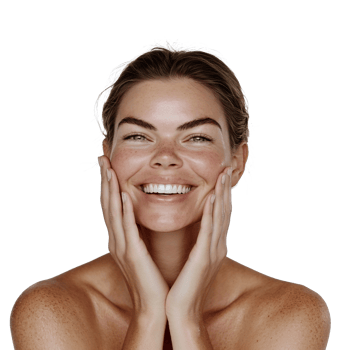 Happy lady with a bright smile and hand on cheek png