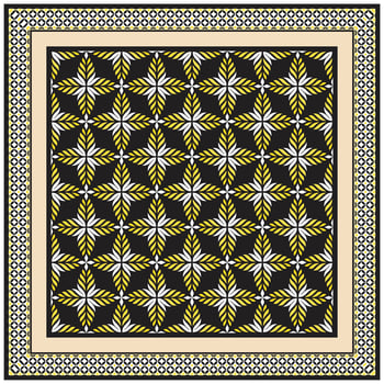 A bold, geometric pattern featuring white and yellow star-like flowers against a black background, framed by intricate borders. vector