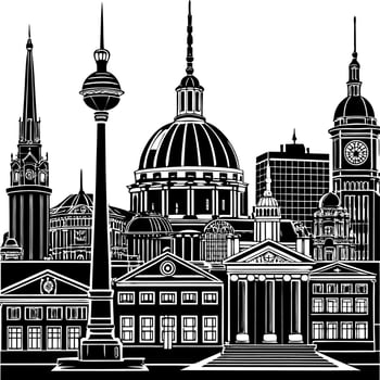 A detailed black and white illustration of Berlin showcasing its famous landmarks and historical buildings in a striking urban scene vector
