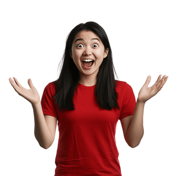 Young woman in a red top showing playful surprise png