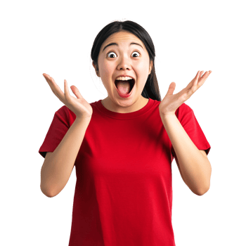 Woman in a red shirt showing exaggerated shock png
