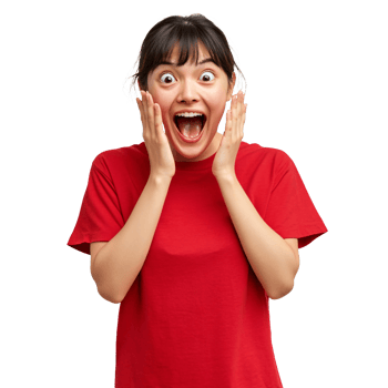 Amazed woman in a red blouse, mouth open png