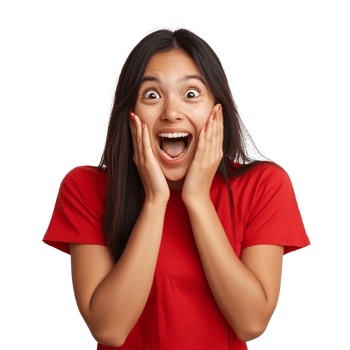 Astonished lady in red reacting playfully png