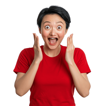 Woman in a red shirt holding her face in surprise png