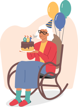 Elderly woman celebrates centenary and blows out candles on birthday cake, sits in rocking chair with balloons. Centenary for residents of nursing home or hospice for people without relatives png