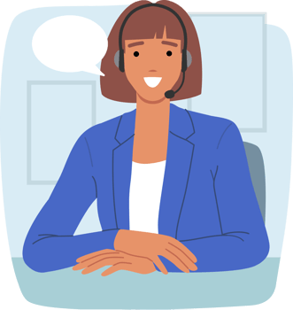 Woman call center operator smiles, sitting at office desk, using headset to consult clients via IP telephony. Girl customer support operator looks at screen, happy to work in hotline png