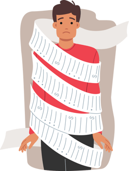 Large bills worry man wrapped in long check, suffering due to inflation and rising food prices. Inflation and demands for payment for positions cause depression in guy with sad face. png