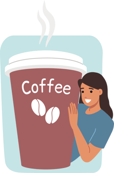 Large paper glass of coffee near smiling woman who drinks invigorating aromatic drink after waking up. Takeaway coffee from street coffeeshop that allows you to warm up on way to work or university png