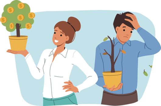 Difference in income is demonstrated by money tree in hands of rich woman standing next to poor colleague. Beggar man upset about difference in income compared to more successful investor. png