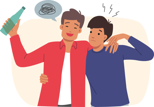 Man is leading drunk friend with bottle in hand, helping him get home after party. Guy accompanies drunk friend who is addicted to beer or vodka and suffers from lack of willpower. png