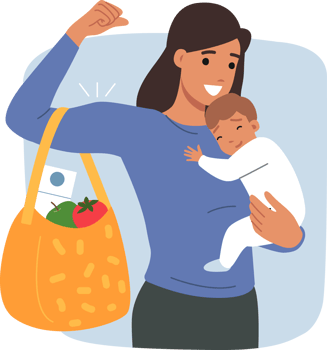 Strong woman, mother of baby, holds sleeping son in hand and carries bag with shopping and supermarket. Mother demonstrates skills of simultaneously traveling to grocery store or raising children png