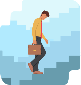 Problems on career ladder arose from man who got lost on path to success in business. Guy is trapped in labyrinth of career ladders, feels stressed and lacks motivation to move forward. png