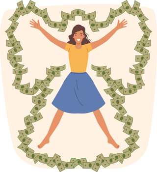 Rich woman with silhouette of angel and made of money, bathes in banknotes and enjoys luxury. Rich girl receives big dividends from business thanks to profitable investments in unicorn startup png