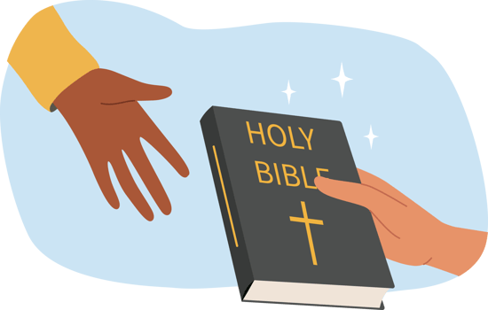 Holy bible in hand of believer handing over book of prayers or gospel to another person for salvation. Book of bible with christian crucifix on cover for search for truth and salvation png