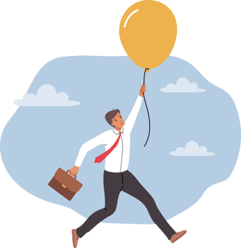 Frightened business man holding on to flying balloon, afraid of failure due to risky actions. Frightened guy got involved in adventure and needs help to get out of difficult situation png