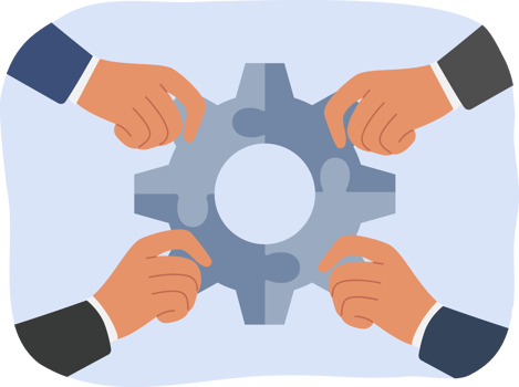 Synergy of business people holding fragments of mechanism in hands, and connecting gear to achieve success. Synergy between office managers resulting from successful team building and trust png
