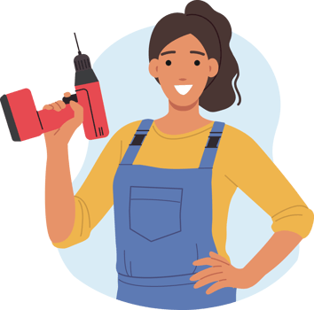 Happy female repairman holding electric screwdriver or drill and smiling looking at screen. Girl repairman or auto mechanic invites you to visit car repair shop for vehicle maintenance. png
