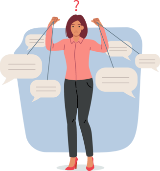 Woman victim of public opinion holds dialogue clouds in form of comments in hands. Confused girl manipulates public opinion using puppet master strings for misinformation and spreading fake news png