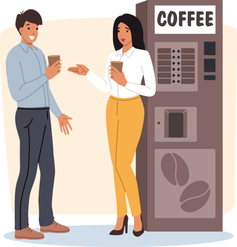 Man and woman office employees are flirting standing at coffee machine, taking break from work. Positive cells discussing latest corporate news and drinking drink to restore energy png
