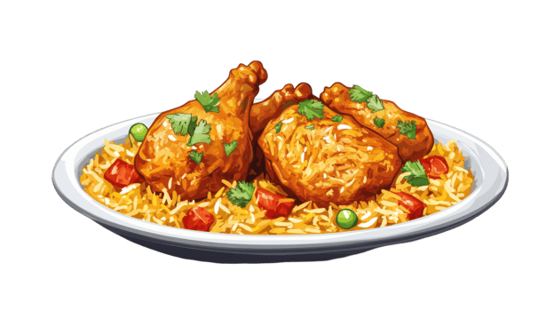Delicious plate of fried chicken served on a bed of seasoned rice with vegetables and herbs at a dining table png