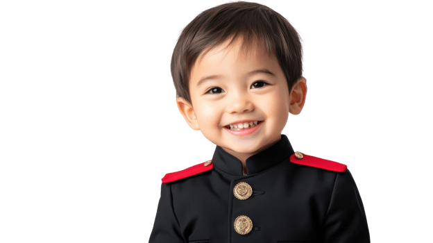 Smiling young boy in formal uniform poses for a portrait with bright expression and stylish detail in attire png
