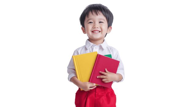 Smiling young boy holds colorful books in his arms, showcasing a joyous love for learning in a bright setting png