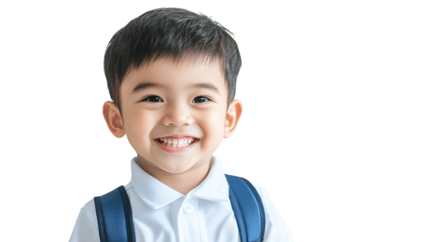 Happy young boy with backpack smiles brightly in a bright indoor setting during school preparation time png