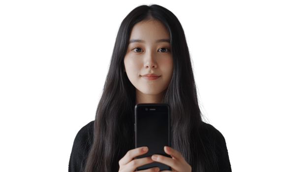 Young woman holds smartphone in a bright, minimalistic setting while looking at the camera with a calm expression png