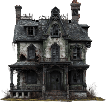 Eerie abandoned mansion with broken windows, decaying facade, and overgrown yard, evoking a sense of mystery and spooky architecture. png