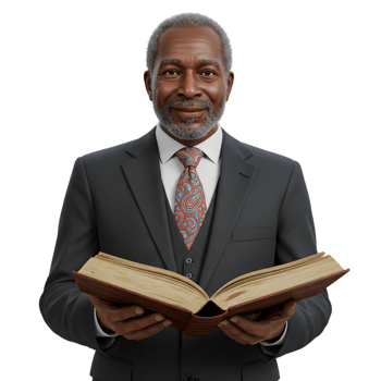 Elderly African American Man Holding Open Book Wise Professor Religious Leader Tie Suit Study Faith png