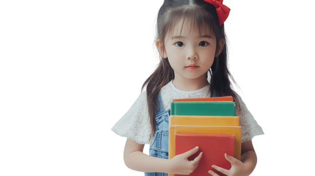 Young child with colorful books standing against a plain background in an educational setting focused on reading png