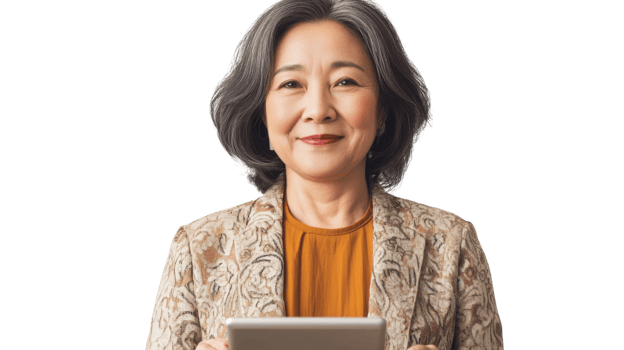 Senior woman smiling while holding a tablet in a bright, neutral setting png