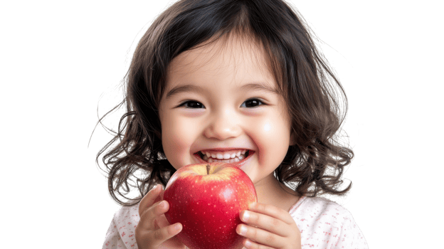 Child with curly hair smiling while holding a red apple against a bright background png