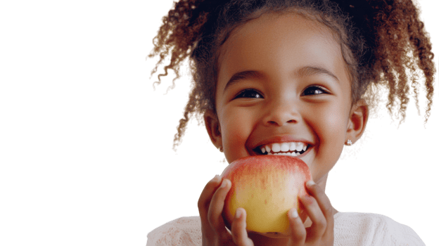 Smiling child joyfully holding a fresh apple against a bright background in a playful moment png
