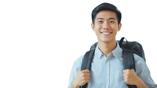 Young man with backpack smiling against a plain background, ready for adventure and exploration png