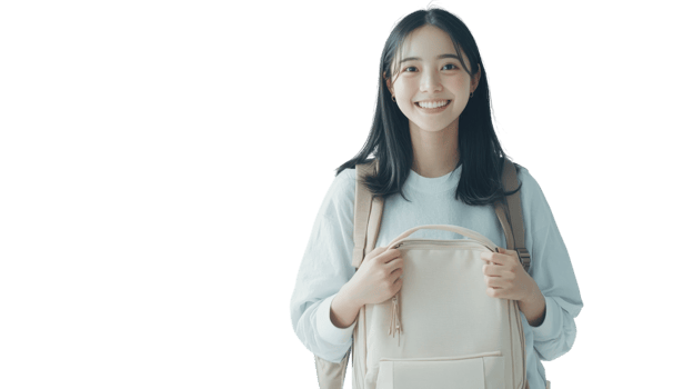 Young woman with a backpack smiling brightly against a white background in a casual setting png