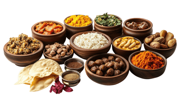 Colorful array of traditional spices and ingredients displayed in clay bowls on a white background png