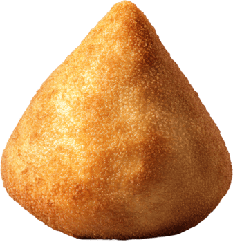 A close-up of a golden-brown, tear-drop shaped fried snack, coated in a crispy batter, standing against a black backdrop. png