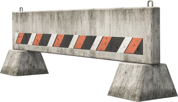 Close-up of a concrete barrier with orange and dark gray stripes. The barrier sits on two concrete bases against a black background. png