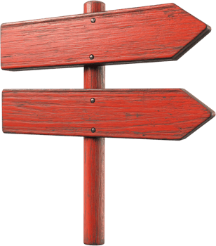 Red wooden directional sign pointing in opposite directions, ideal for wayfinding or illustrating choices and decisions in rustic design. png