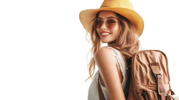 Smiling woman with hat and backpack ready for adventure on a bright day png