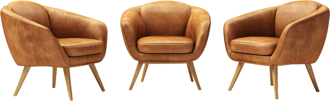 Set of three leather armchairs with sleek wooden legs, creating a stylish and comfortable seating arrangement against a solid dark backdrop. png