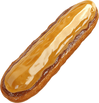 Close-up of a scrumptious eclair, glazed with shiny caramel, showcases a delightful pastry treat against a stark black backdrop. png