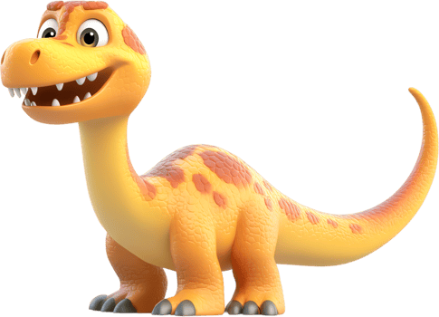 Friendly cartoon dinosaur with yellow and orange skin and brown spots, standing and smiling. Cartoon illustration, with detailed rendering. png