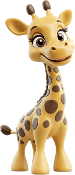 Adorable cartoon giraffe standing tall with big eyes and a gentle smile, its spotted pattern adding to its playful charm. png