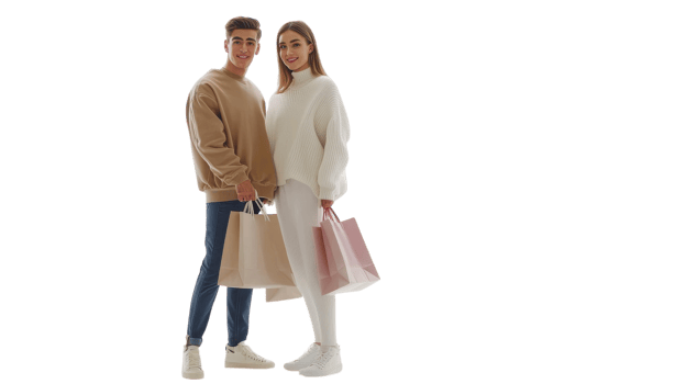 Young couple happily shopping together with multiple bags in a bright, modern setting png