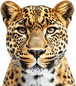 A close-up of a leopard's face shows off its distinctive black spots against a golden coat, displaying its wild beauty. png