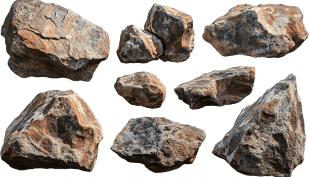 A collection of natural boulders featuring a variety of shapes, sizes, and earthy tones. They create a rough, textured appearance. png