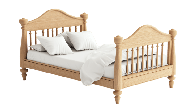 Elegant wooden bed with decorative headboard and plush pillows, ideal for cozy bedrooms and restful nights png