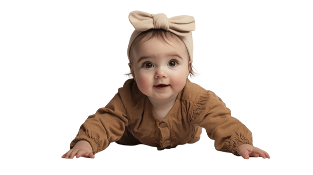 Baby crawling on soft surface with headband and cozy outfit in a bright space png
